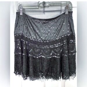 Black Satin & Lace Mini Skirt with Sequins & Beaded Fringes